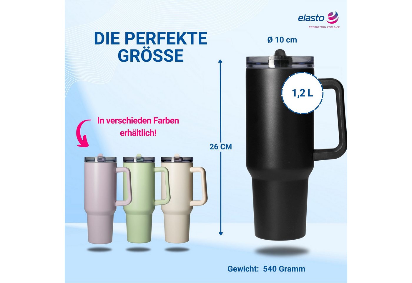 elasto Becher Edelstahl Trinkbecher mit Deckel und Strohhalm 1,2, isoliert, robust, für unterwegs – Bild 4 von 5
