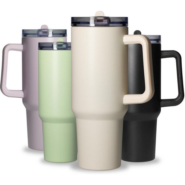 elasto Becher Edelstahl Trinkbecher mit Deckel und Strohhalm 1,2, isoliert, robust, für unterwegs