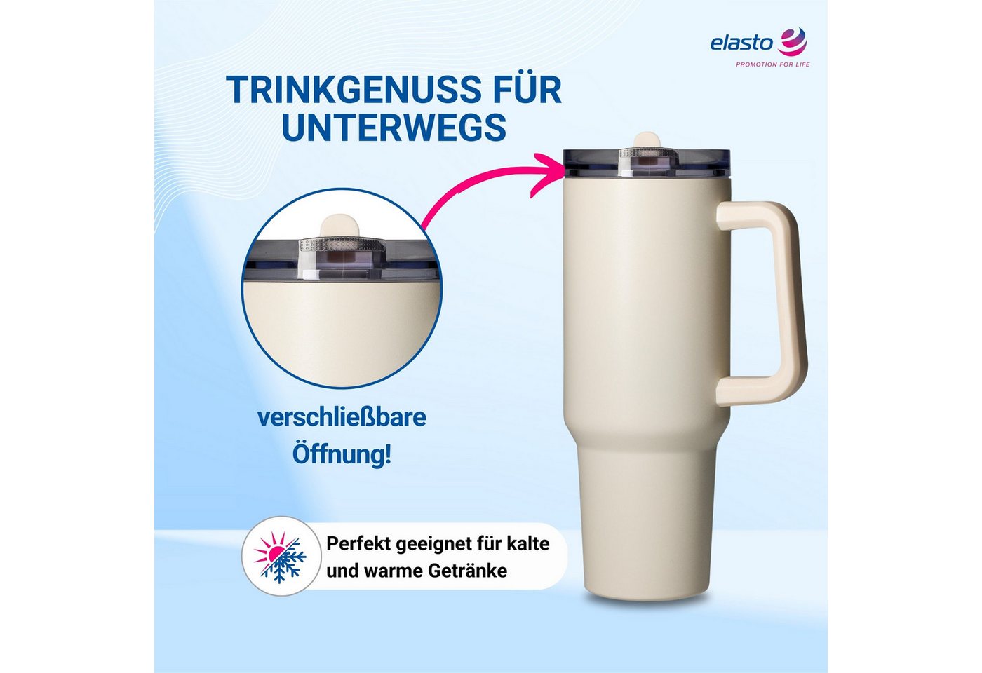 elasto Becher Edelstahl Trinkbecher mit Deckel und Strohhalm 1,2, isoliert, robust, für unterwegs – Bild 3 von 5