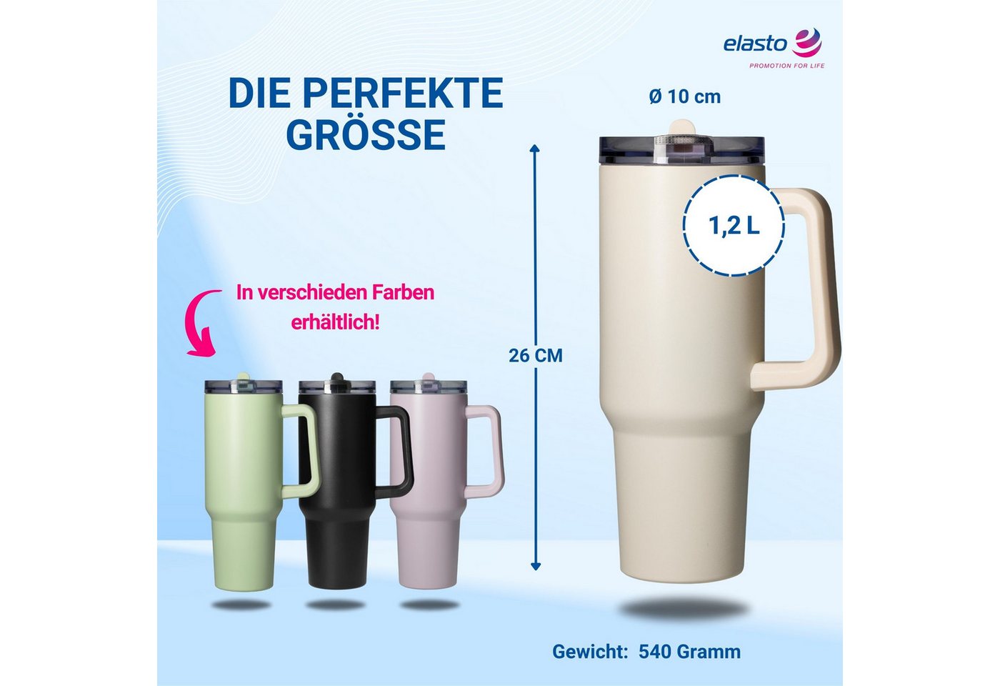 elasto Becher Edelstahl Trinkbecher mit Deckel und Strohhalm 1,2, isoliert, robust, für unterwegs – Bild 4 von 5