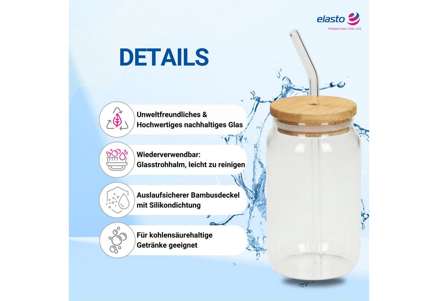 elasto Becher Trinkglas "Tropical" mit Strohhalm 460 ml natur – Bild 3 von 5