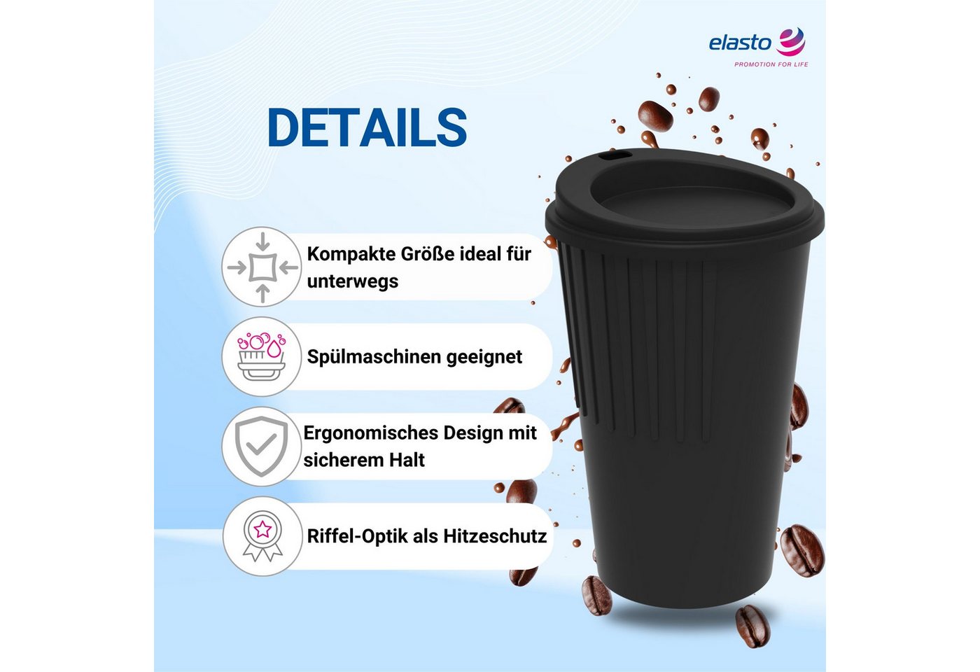 elasto Coffee-to-go-Becher Kaffeebecher 300 ml mit Deckel und Riffel-Optik, Made in Germany, Spülmaschinenfest, Robust, 100% recyclebar, Teebecher – Bild 2 von 5