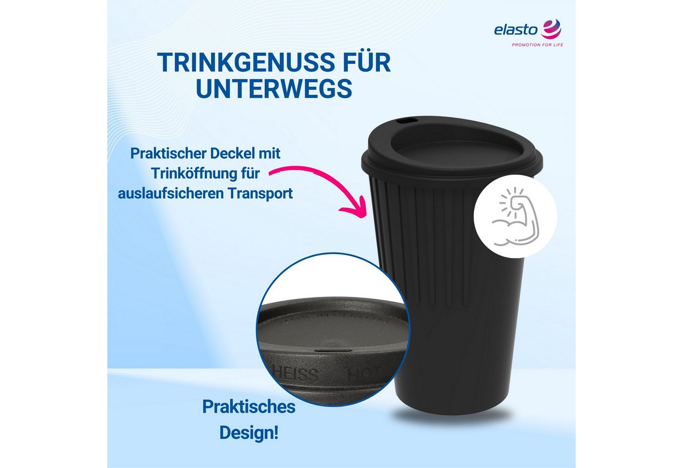 elasto Coffee-to-go-Becher Kaffeebecher 300 ml mit Deckel und Riffel-Optik, Made in Germany, Spülmaschinenfest, Robust, 100% recyclebar, Teebecher – Bild 3 von 5