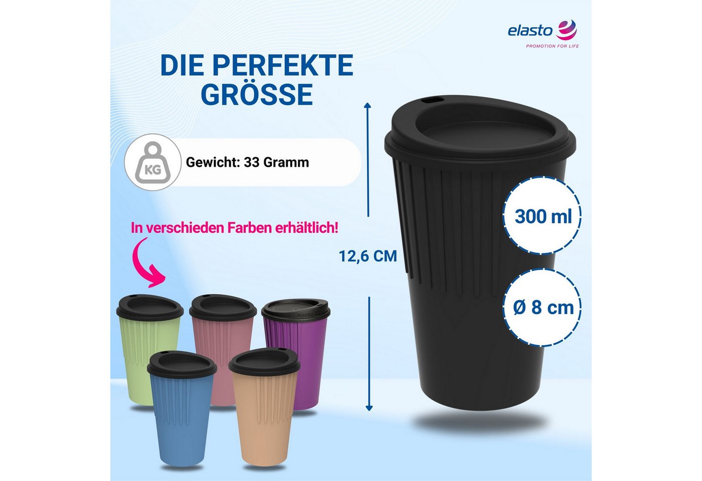 elasto Coffee-to-go-Becher Kaffeebecher 300 ml mit Deckel und Riffel-Optik, Made in Germany, Spülmaschinenfest, Robust, 100% recyclebar, Teebecher – Bild 4 von 5