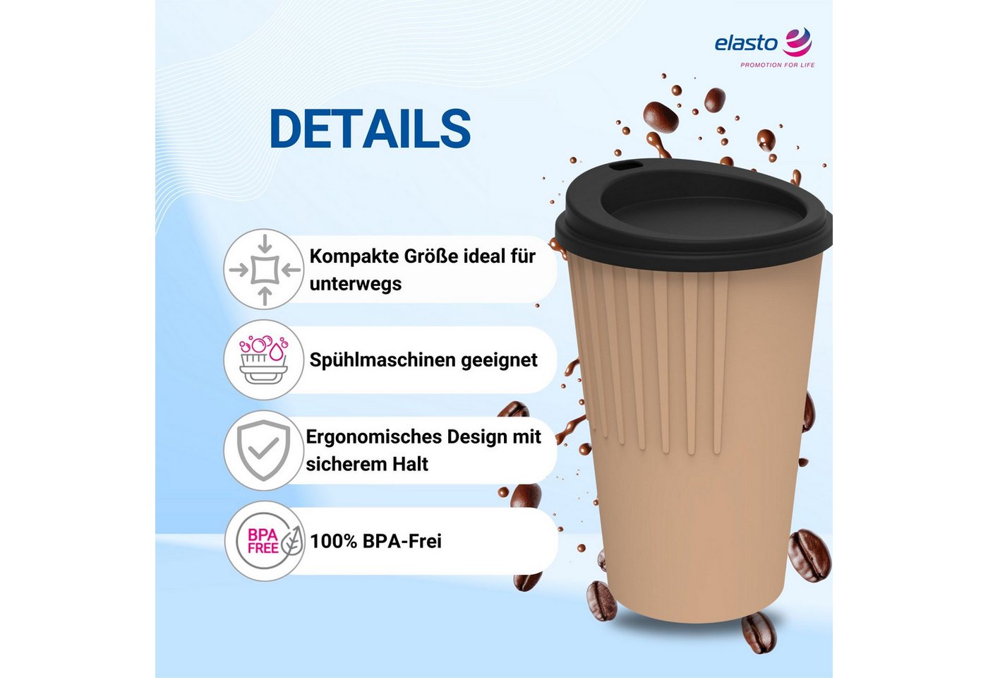 elasto Coffee-to-go-Becher Langlebiger Kaffeebecher 300 ml mit Deckel, Made in Germany, Spülmaschinenfest, Robust, 100% recyclebar, Teebecher – Bild 2 von 5