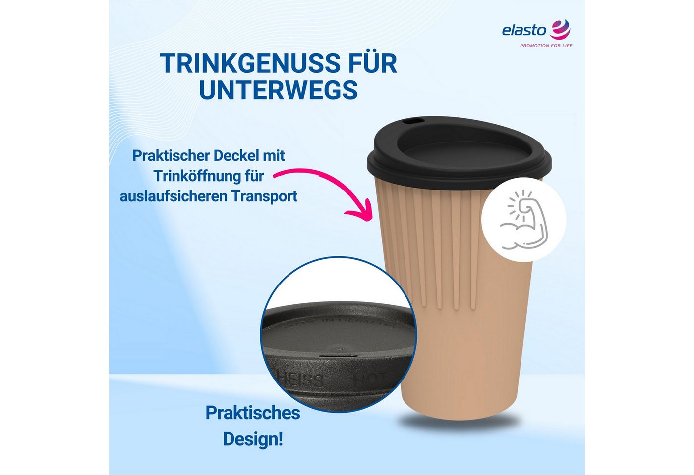 elasto Coffee-to-go-Becher Langlebiger Kaffeebecher 300 ml mit Deckel, Made in Germany, Spülmaschinenfest, Robust, 100% recyclebar, Teebecher – Bild 3 von 5