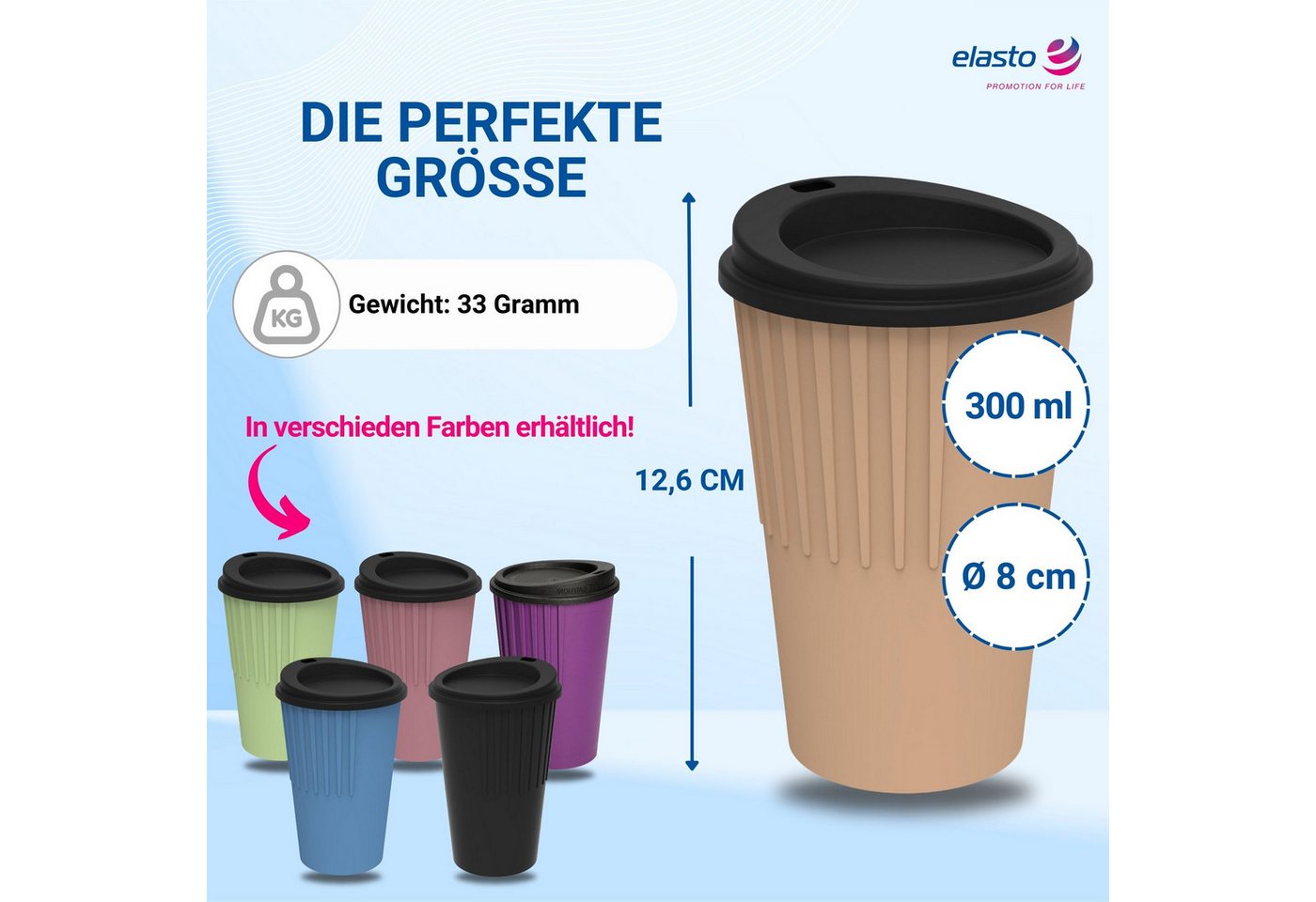 elasto Coffee-to-go-Becher Langlebiger Kaffeebecher 300 ml mit Deckel, Made in Germany, Spülmaschinenfest, Robust, 100% recyclebar, Teebecher – Bild 4 von 5