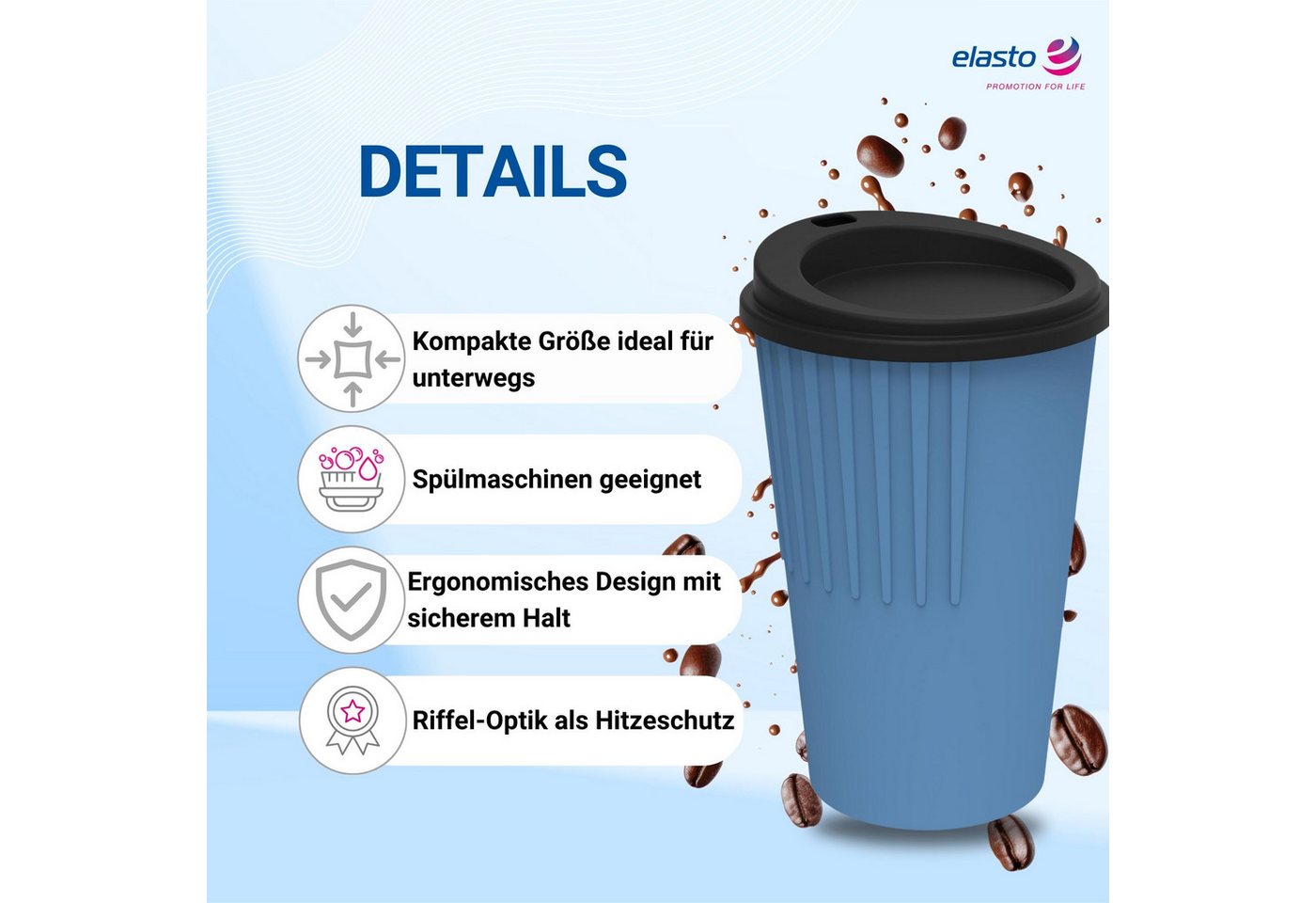 elasto Coffee-to-go-Becher Langlebiger Kaffeebecher 300 ml mit Deckel, Made in Germany, Spülmaschinenfest, Robust, 100% recyclebar, Teebecher – Bild 2 von 5