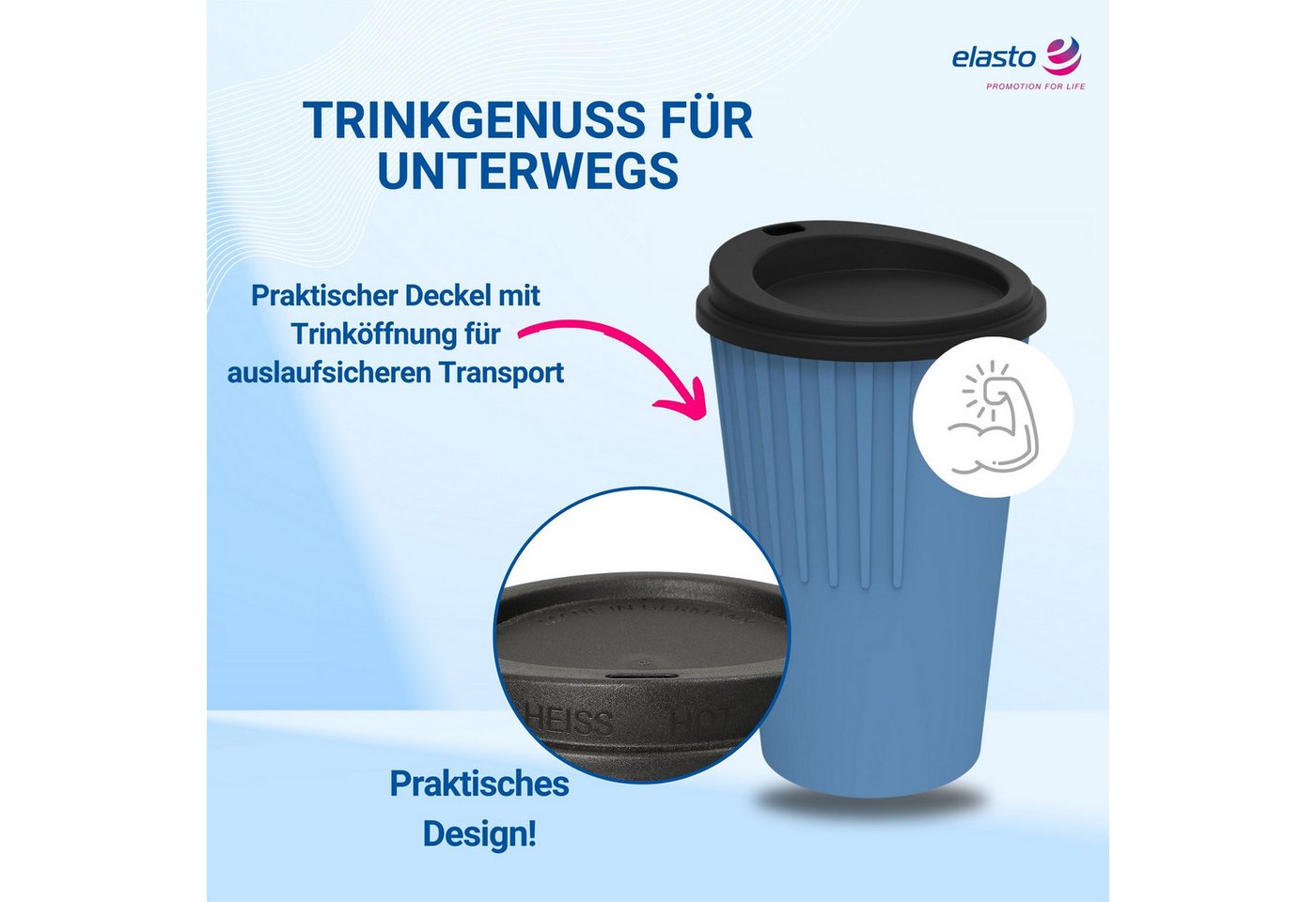 elasto Coffee-to-go-Becher Langlebiger Kaffeebecher 300 ml mit Deckel, Made in Germany, Spülmaschinenfest, Robust, 100% recyclebar, Teebecher – Bild 3 von 5