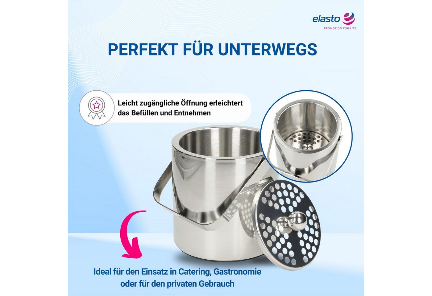 elasto Kühlbox Eiswürfelbehälter aus Edelstahl mit Deckel und Zubehör – Bild 4 von 5