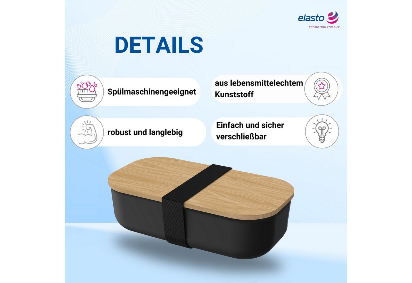 elasto Lunchbox Brotdose "Beech" 1300 ml mit Elastikband schwarz – Bild 3 von 5