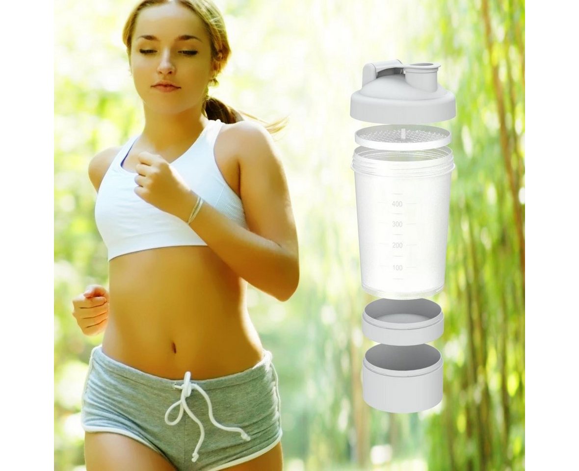 elasto Protein Shaker Fitness-Shaker 400 ml mit 2 Fächern sowie Sieb & Skala, Shaker für Eiweiß- & Sportgetränke, auslaufsicher, einfache Reinigung – Bild 4 von 5