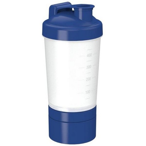 elasto Protein Shaker Fitness-Shaker 400 ml mit 2 Fächern sowie Sieb & Skala, Shaker für Eiweiß- & Sportgetränke, auslaufsicher, einfache Reinigung
