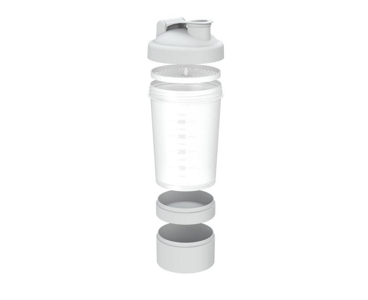 elasto Protein Shaker Fitness-Shaker 400 ml mit 2 Fächern sowie Sieb & Skala, Shaker für Eiweiß- & Sportgetränke, auslaufsicher, einfache Reinigung – Bild 2 von 5