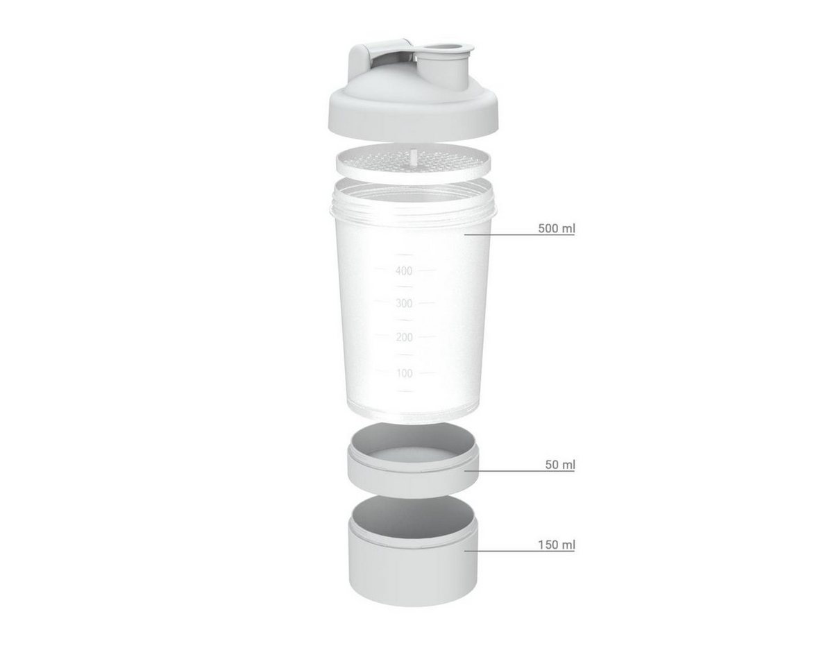 elasto Protein Shaker Fitness-Shaker 400 ml mit 2 Fächern sowie Sieb & Skala, Shaker für Eiweiß- & Sportgetränke, auslaufsicher, einfache Reinigung – Bild 3 von 5