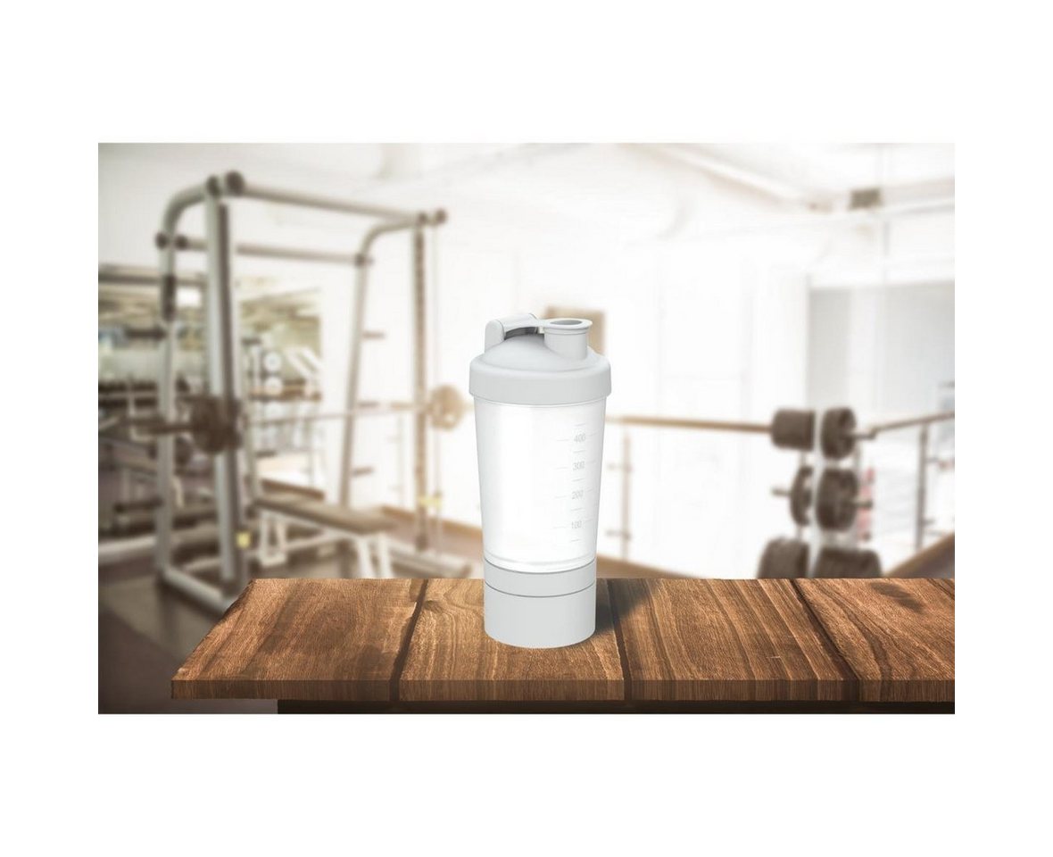 elasto Protein Shaker Fitness-Shaker 400 ml mit 2 Fächern sowie Sieb & Skala, Shaker für Eiweiß- & Sportgetränke, auslaufsicher, einfache Reinigung – Bild 5 von 5