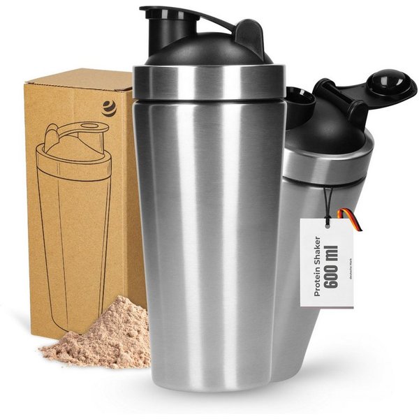 elasto Protein Shaker Protein Shaker Edelstahl 600 ml - auslaufsicherer Shaker mit Sieb, auslaufsicher, doppelwandig, eiweiss shaker, Gym, bruchfest
