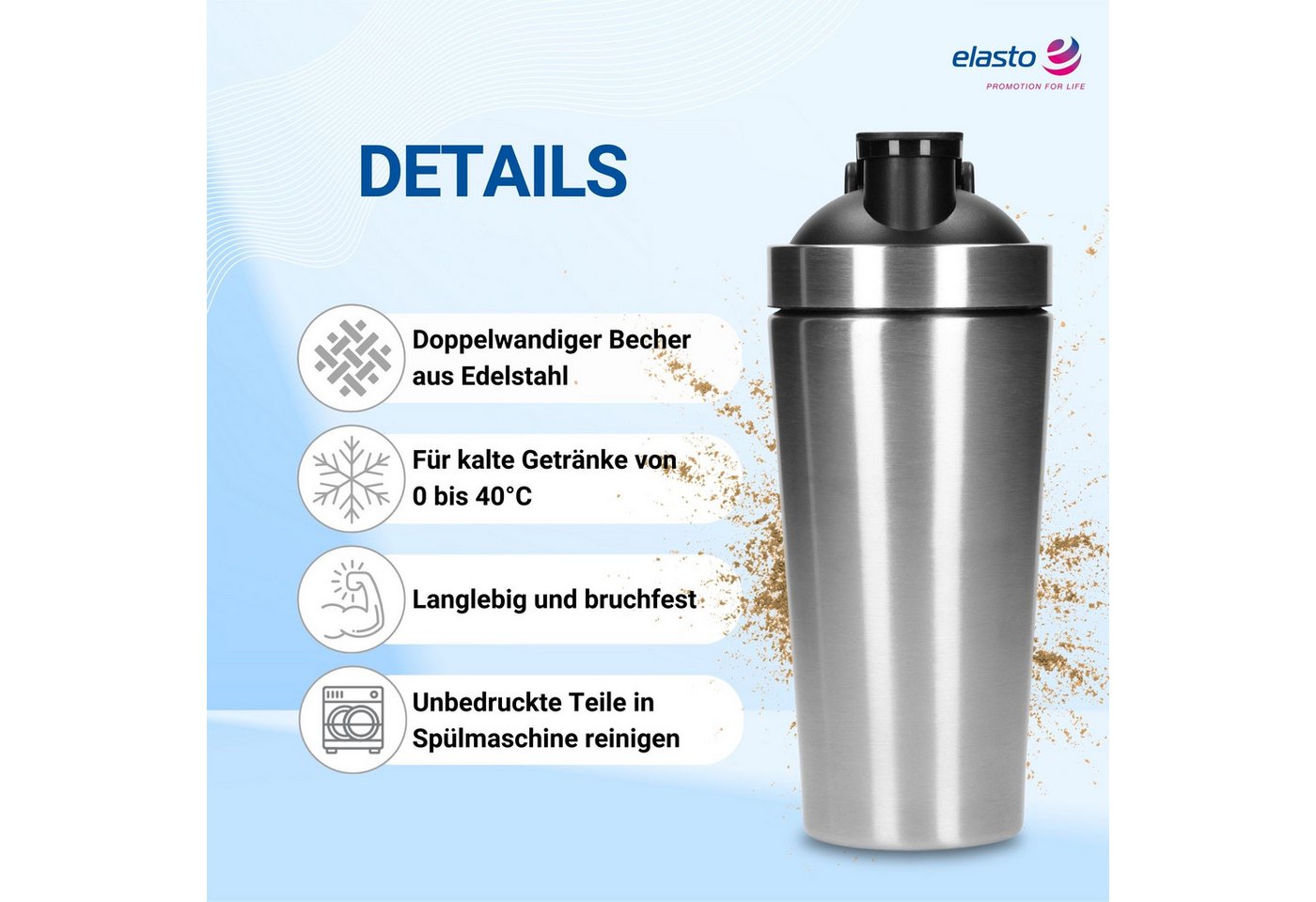 elasto Protein Shaker Protein Shaker Edelstahl 600 ml - auslaufsicherer Shaker mit Sieb, auslaufsicher, doppelwandig, eiweiss shaker, Gym, bruchfest – Bild 2 von 5