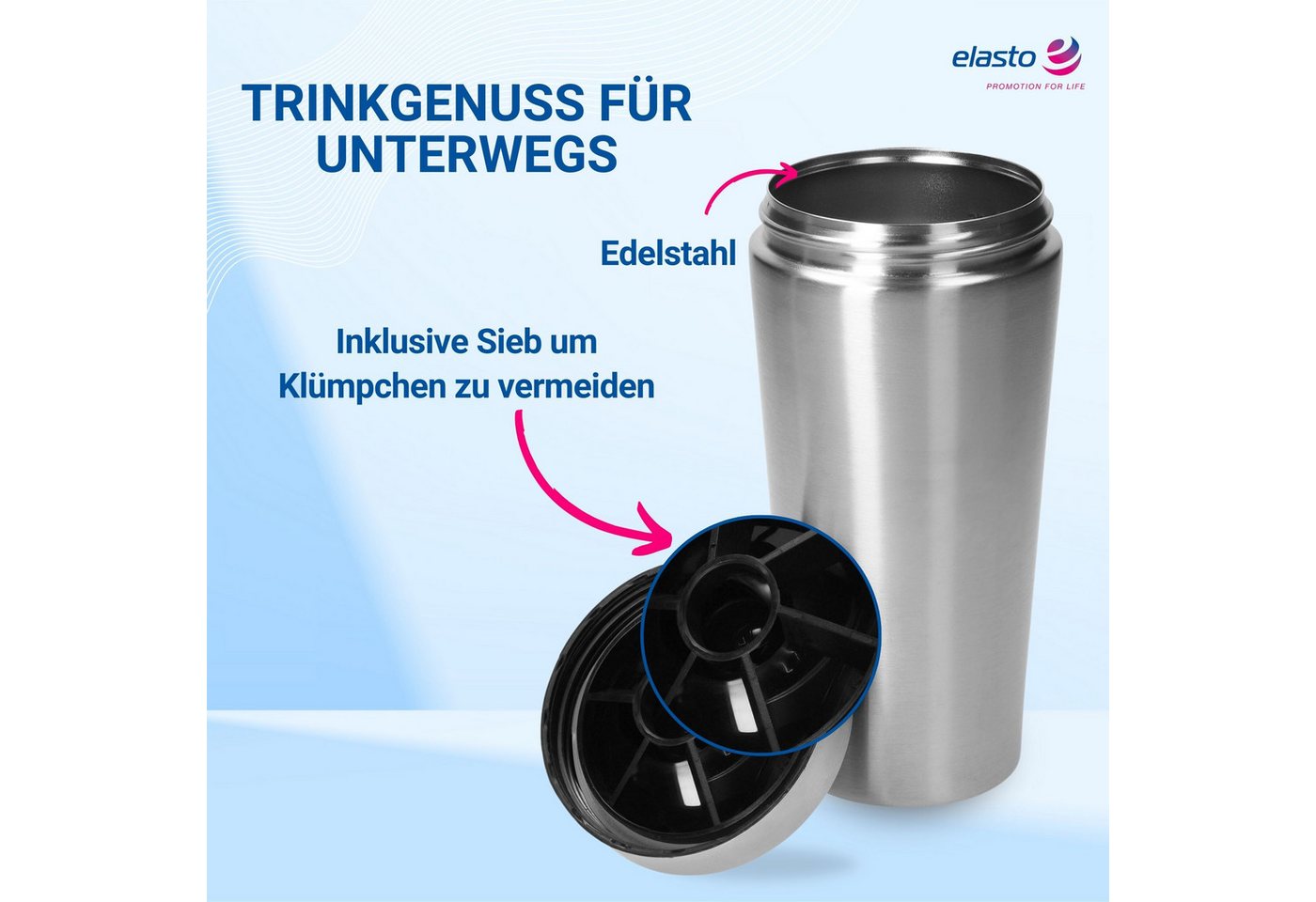 elasto Protein Shaker Protein Shaker Edelstahl 600 ml - auslaufsicherer Shaker mit Sieb, auslaufsicher, doppelwandig, eiweiss shaker, Gym, bruchfest – Bild 4 von 5