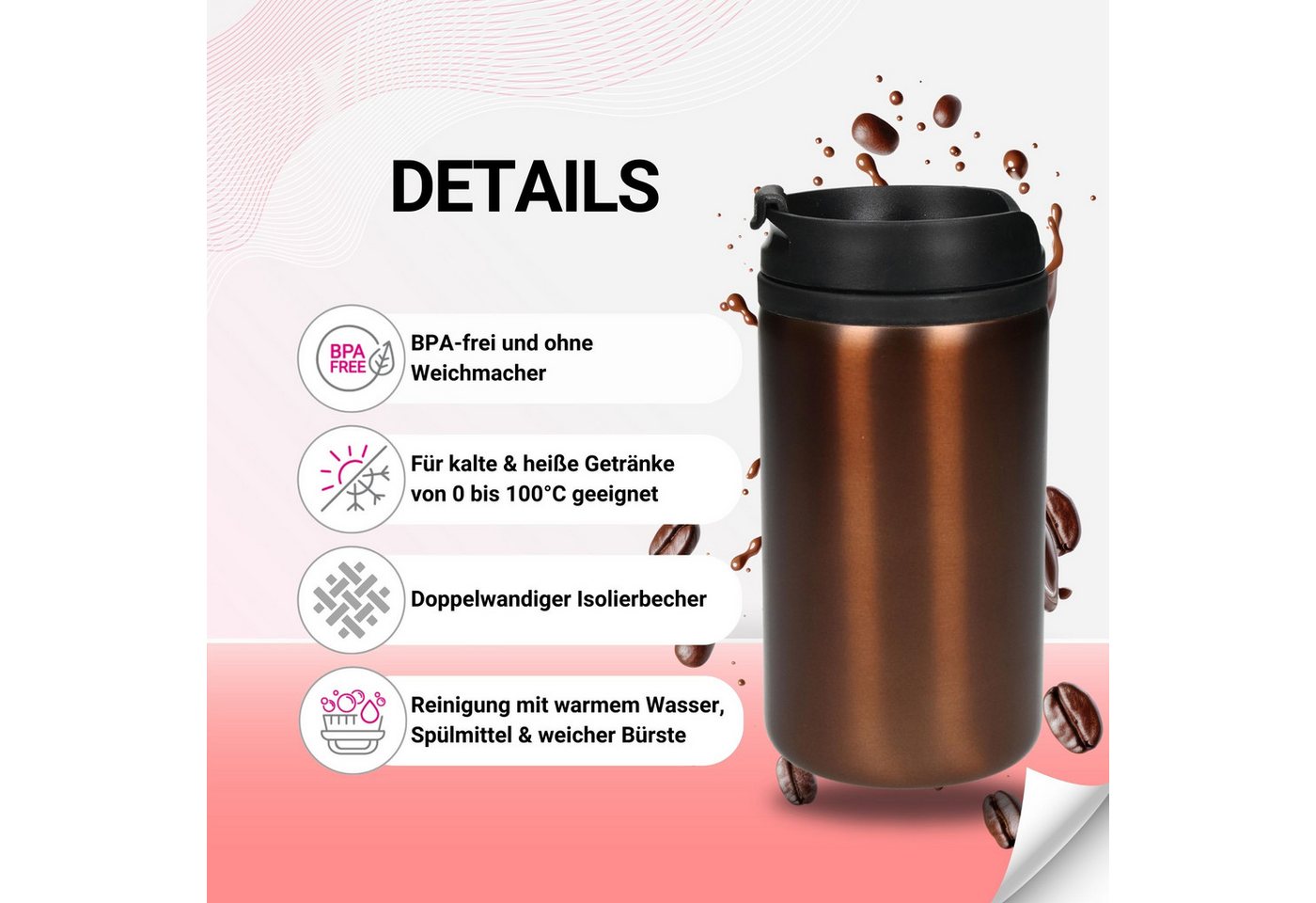 elasto Thermobecher 250 ml Edelstahlbecher doppelwandig isolierter stabil, Coffee mug, Travel mug, Becher mit Deckel, Trinkbecher, Becher – Bild 2 von 5