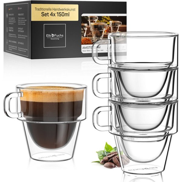 ElbFuchs Espressoglas Amsterdam, 150 ml, Borosilikatglas, 4-tlg., Borosilikatglas, Doppelwandiger Thermoeffekt, mit Henkel, stapelbar
