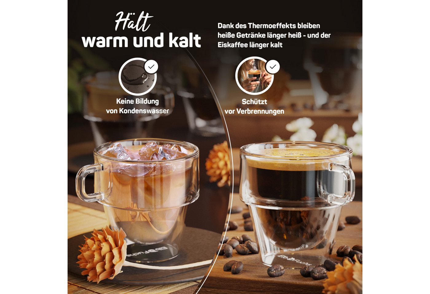 ElbFuchs Espressoglas Amsterdam, 150 ml, Borosilikatglas, 4-tlg., Borosilikatglas, Doppelwandiger Thermoeffekt, mit Henkel, stapelbar – Bild 4 von 5