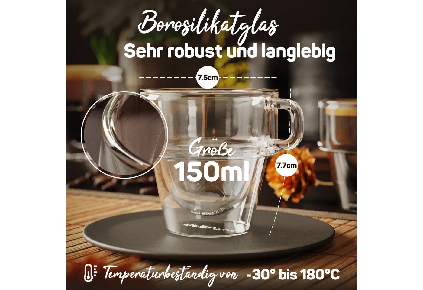 ElbFuchs Espressoglas Amsterdam, 150 ml, Borosilikatglas, 4-tlg., Borosilikatglas, Doppelwandiger Thermoeffekt, mit Henkel, stapelbar – Bild 5 von 5