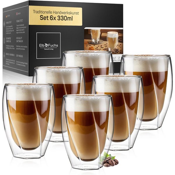 ElbFuchs Latte-Macchiato-Glas Barcelona Curved, 350ml, Borosilikatglas, 6-tlg., Borosilikatglas, Doppelwandiger Thermoeffekt