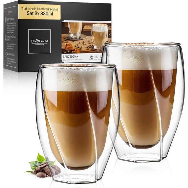 ElbFuchs Latte-Macchiato-Glas Barcelona Curved, 350ml, Borosilikatglas, 2-tlg., Borosilikatglas, Doppelwandiger Thermoeffekt