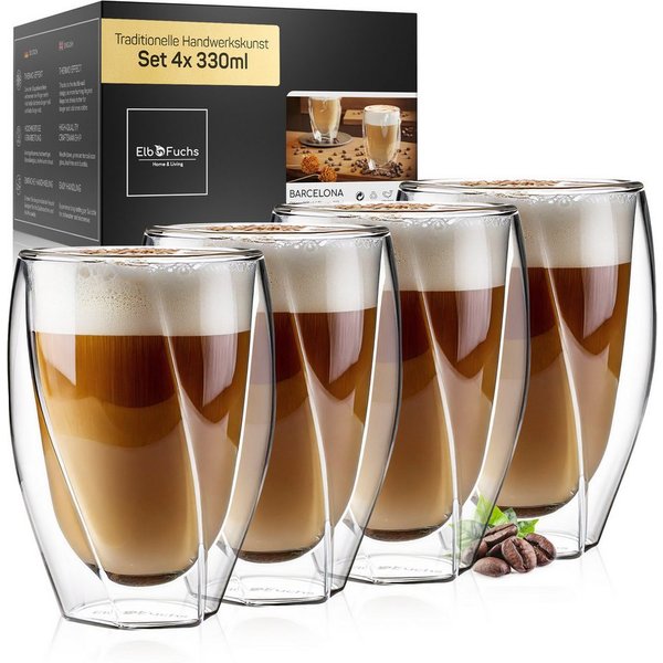 ElbFuchs Latte-Macchiato-Glas Barcelona Curved, 350ml, Borosilikatglas, 4-tlg., Borosilikatglas, Doppelwandiger Thermoeffekt
