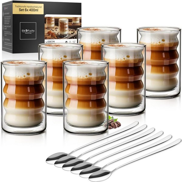 ElbFuchs Latte-Macchiato-Glas Lisbon Bubble, 400ml, 6-tlg., Borosilikatglas, Doppelwandiger Thermoeffekt, Borosilikatglas