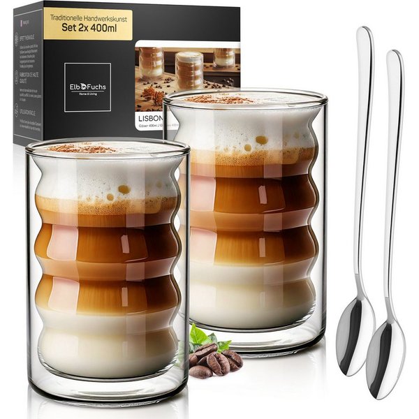 ElbFuchs Latte-Macchiato-Glas Lisbon Bubble, 400ml, 2-tlg., Borosilikatglas, Doppelwandiger Thermoeffekt, Borosilikatglas