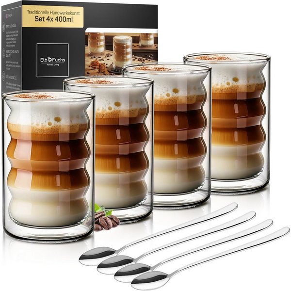 ElbFuchs Latte-Macchiato-Glas Lisbon Bubble, 400ml, 4-tlg., Borosilikatglas, Doppelwandiger Thermoeffekt, Borosilikatglas