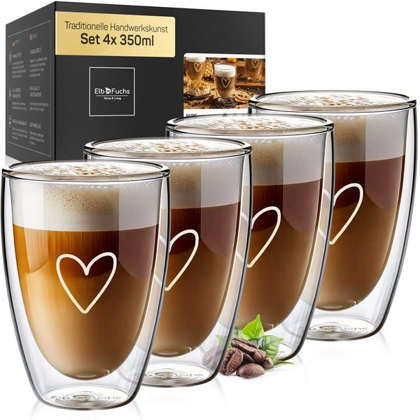 ElbFuchs Latte-Macchiato-Glas Paris, 350 ml, Borosilikatglas, 4-tlg., Borosilikatglas, Doppelwandiger Thermoeffekt