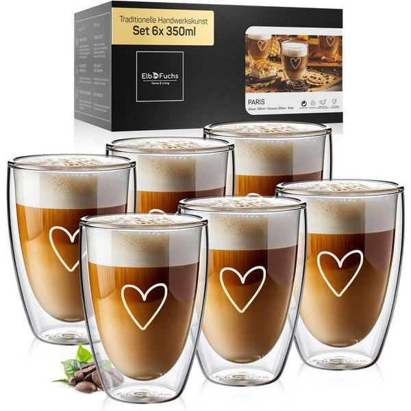 ElbFuchs Latte-Macchiato-Glas Paris, 350 ml, Borosilikatglas, 6-tlg., Borosilikatglas, Doppelwandiger Thermoeffekt