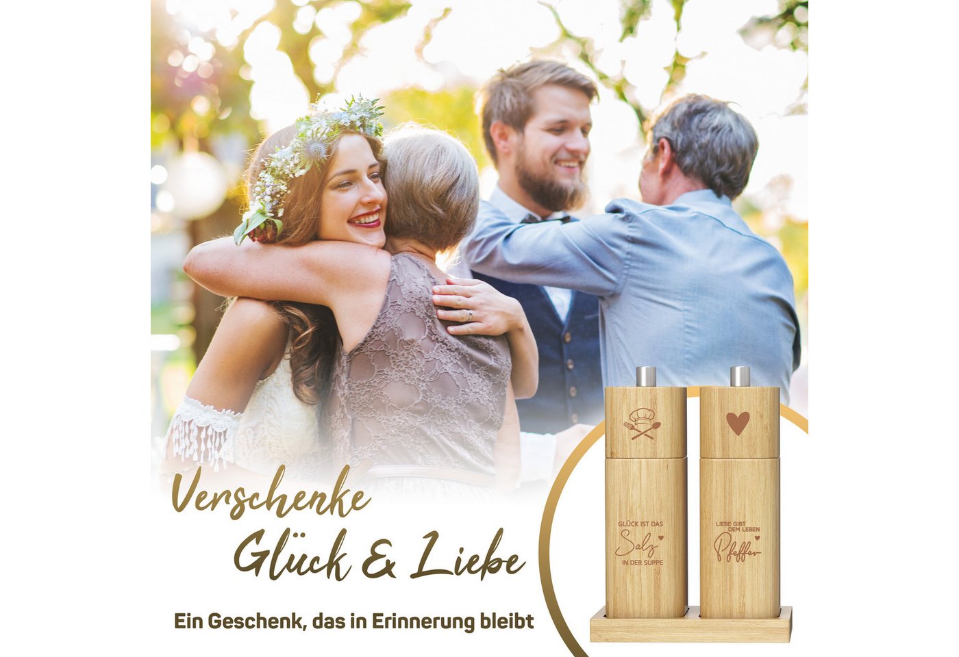 ElbFuchs Salz-/Pfeffermühle Glück & Liebe, manuell, (2 Stück), verstellbarer Mahlgrad, Keramikmahlwerk, Gewürzmühle mit Untersetzer – Bild 2 von 5