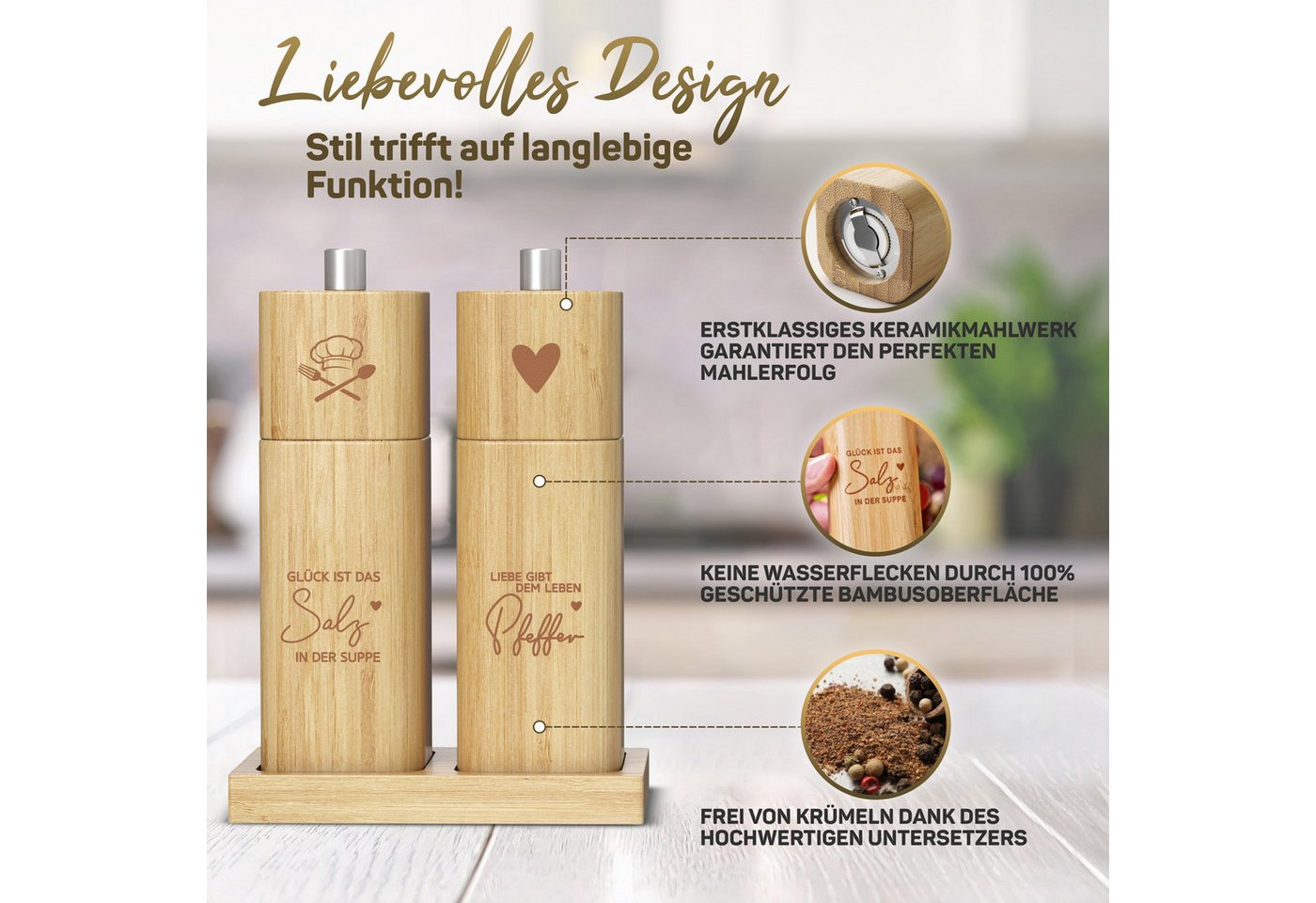 ElbFuchs Salz-/Pfeffermühle Glück & Liebe, manuell, (2 Stück), verstellbarer Mahlgrad, Keramikmahlwerk, Gewürzmühle mit Untersetzer – Bild 3 von 5
