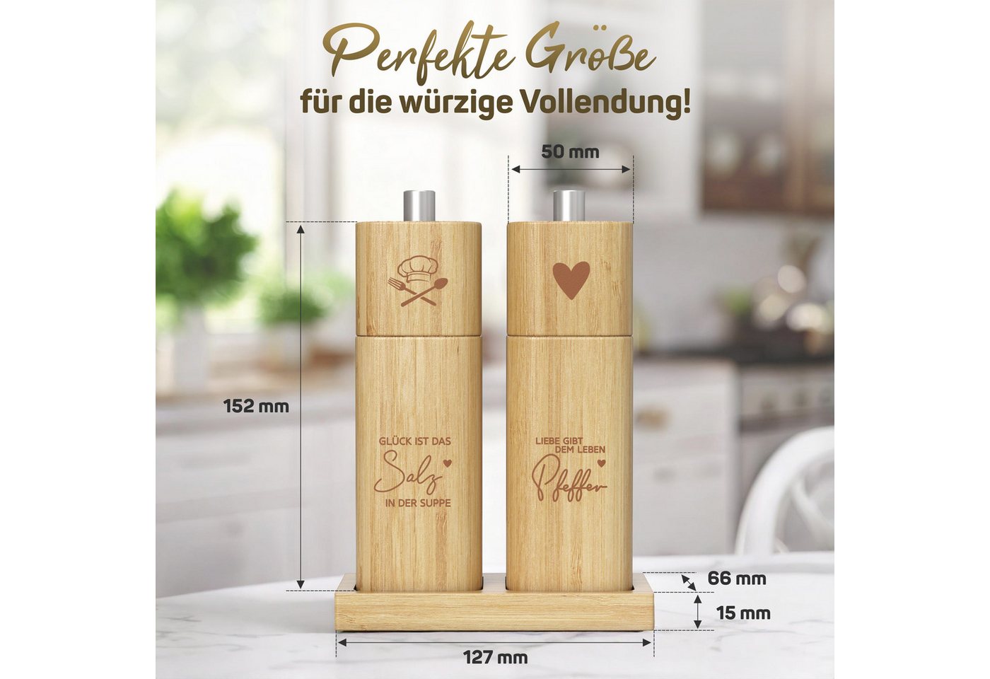 ElbFuchs Salz-/Pfeffermühle Glück & Liebe, manuell, (2 Stück), verstellbarer Mahlgrad, Keramikmahlwerk, Gewürzmühle mit Untersetzer – Bild 4 von 5