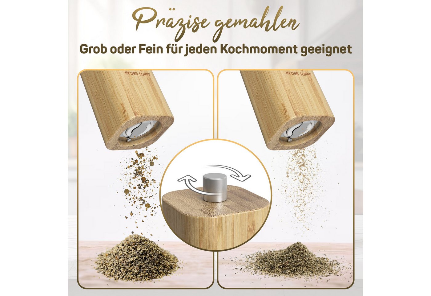 ElbFuchs Salz-/Pfeffermühle Glück & Liebe, manuell, (2 Stück), verstellbarer Mahlgrad, Keramikmahlwerk, Gewürzmühle mit Untersetzer – Bild 5 von 5