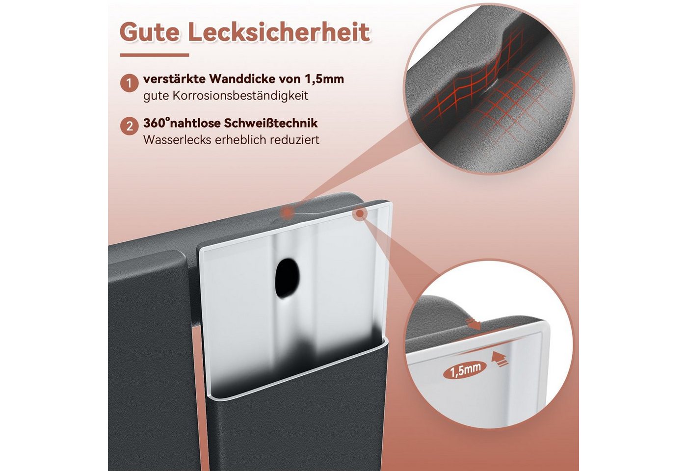 ELEGANT Heizkörper Design Flachheizkörper Anthrazit 1600/1800 x311mm mit Multiblock, Einlagig/Doppellagig, Vertikal Mittelanschluss, schmaler, höher – Bild 3 von 5