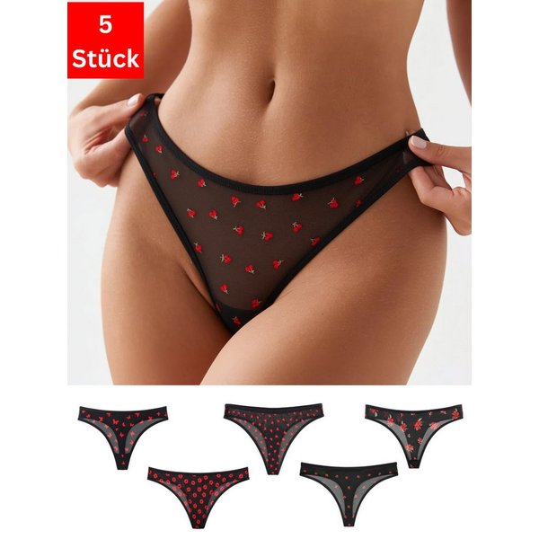 Elegant Love String Damen Stringtanga, transparentes Mesh, schwarz mit roten Prints (Packung, 5-St., 5er-Pack) Unterwäsche im Mehrpack – bequeme Panties