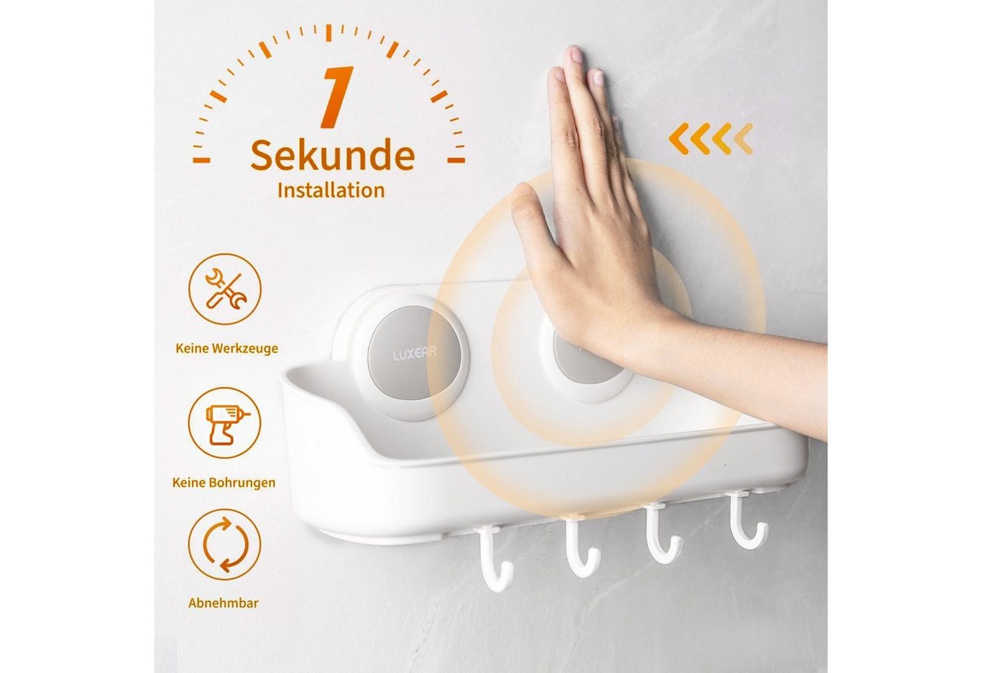 Elegear Duschablage Duschablage Ohne Bohren, 25X12.5cm Kunststoff Duschregal mit Haken, 2-tlg., Weiß shampoo halter bad, Regal Organizer Küche, Max.10KG – Bild 4 von 5
