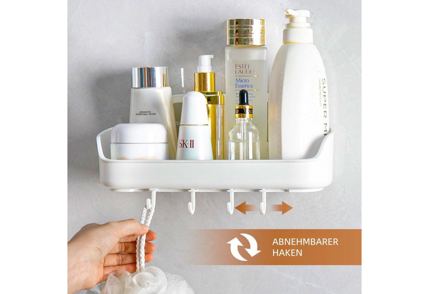 Elegear Duschablage Duschablage Ohne Bohren, 25X12.5cm Kunststoff Duschregal mit Haken, 2-tlg., Weiß shampoo halter bad, Regal Organizer Küche, Max.10KG – Bild 5 von 5