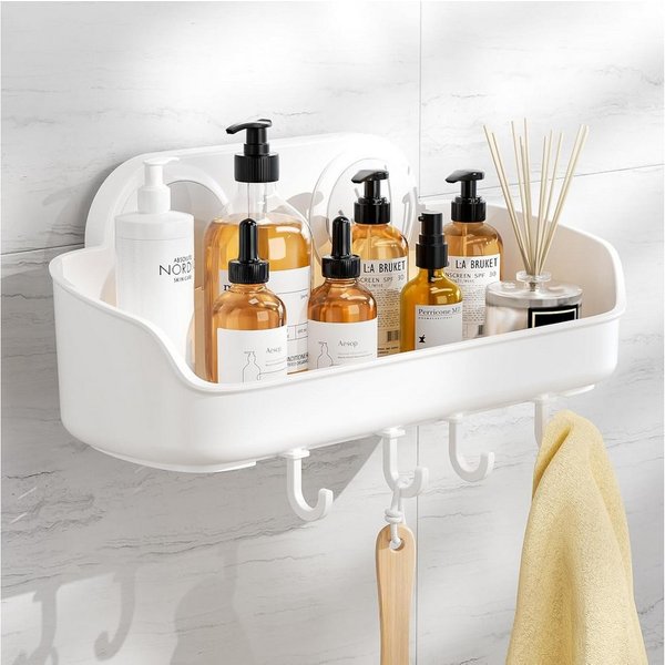 Elegear Duschablage Duschablage Ohne Bohren, 25X12.5cm Kunststoff Duschregal mit Haken, 1-tlg., Weiß shampoo halter bad, Regal Organizer Küche, Max.10KG