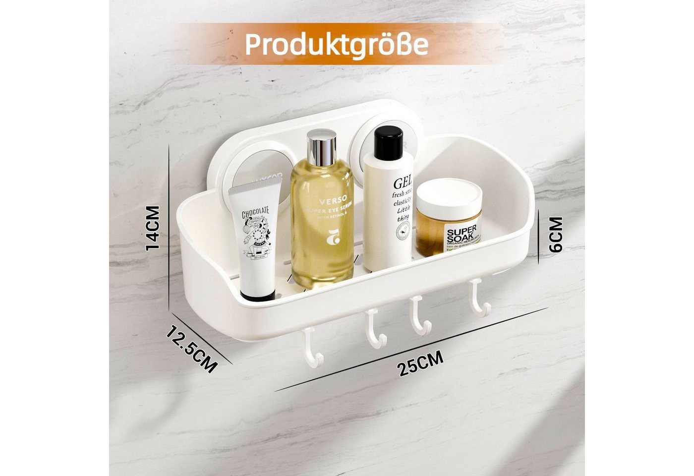 Elegear Duschablage Duschablage Ohne Bohren, 25X12.5cm Kunststoff Duschregal mit Haken, 1-tlg., Weiß shampoo halter bad, Regal Organizer Küche, Max.10KG – Bild 2 von 5