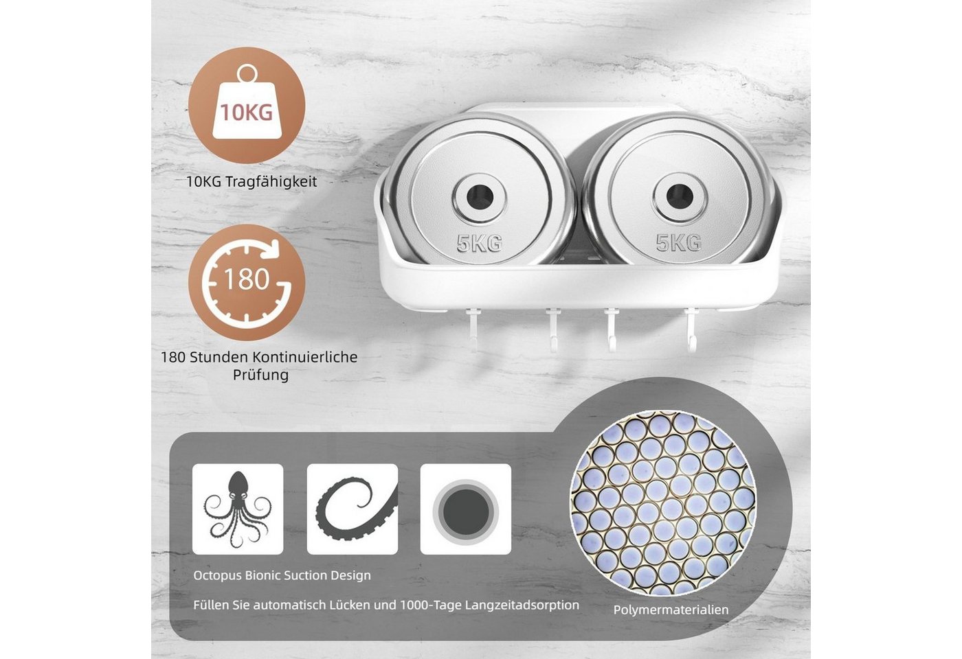 Elegear Duschablage Duschablage Ohne Bohren, 25X12.5cm Kunststoff Duschregal mit Haken, 1-tlg., Weiß shampoo halter bad, Regal Organizer Küche, Max.10KG – Bild 3 von 5