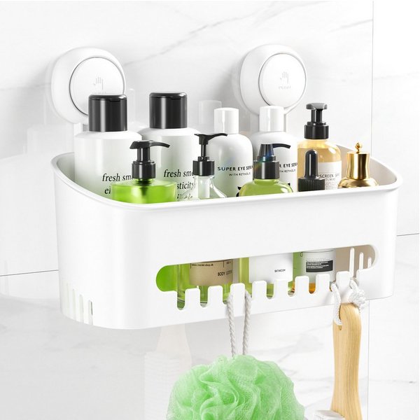 Elegear Duschkorb Saugnapf Duschablage, Duschregal Ohne Bohren, Badregal Kunststoff (2 St), Badezimmer Regal Organizer, Weiß/grau duschablage, Küchenregal 10KG