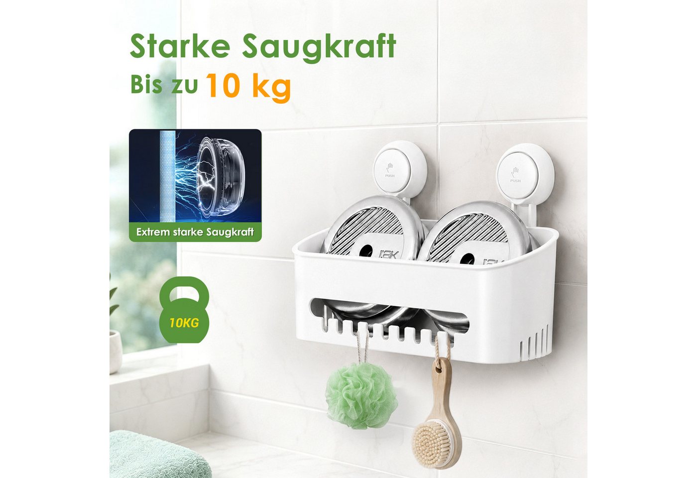 Elegear Duschkorb Saugnapf Duschablage, Duschregal Ohne Bohren, Badregal Kunststoff (2 St), Badezimmer Regal Organizer, Weiß/grau duschablage, Küchenregal 10KG – Bild 2 von 5