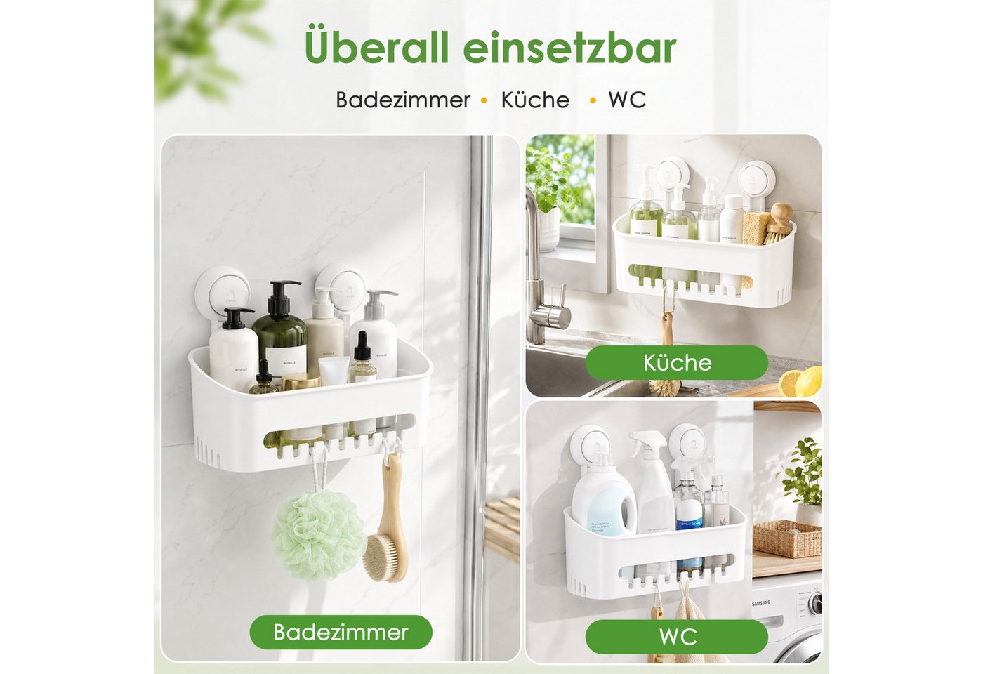 Elegear Duschkorb Saugnapf Duschablage, Duschregal Ohne Bohren, Badregal Kunststoff (2 St), Badezimmer Regal Organizer, Weiß/grau duschablage, Küchenregal 10KG – Bild 5 von 5