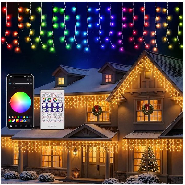 Elegear LED-Lichterkette 5×0,6m LED lichterkette Weihnachtsbeleuchtung, Lichtervorhang, Außen Eiszapfen, 16 Mio. Farben 60 Modi Musik Timer, Weihnachtsdeko